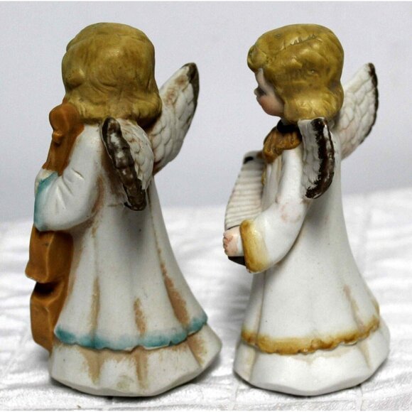 Vtg 70s Bisque Porcelain Angels Playing Instruments Cello Accordion Choir Blond - Picture 4 of 6